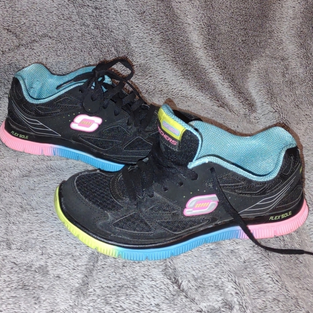 black used👣SKECHERS Memory Foam Fashion Sneakers Used Flex Sole Used Sale